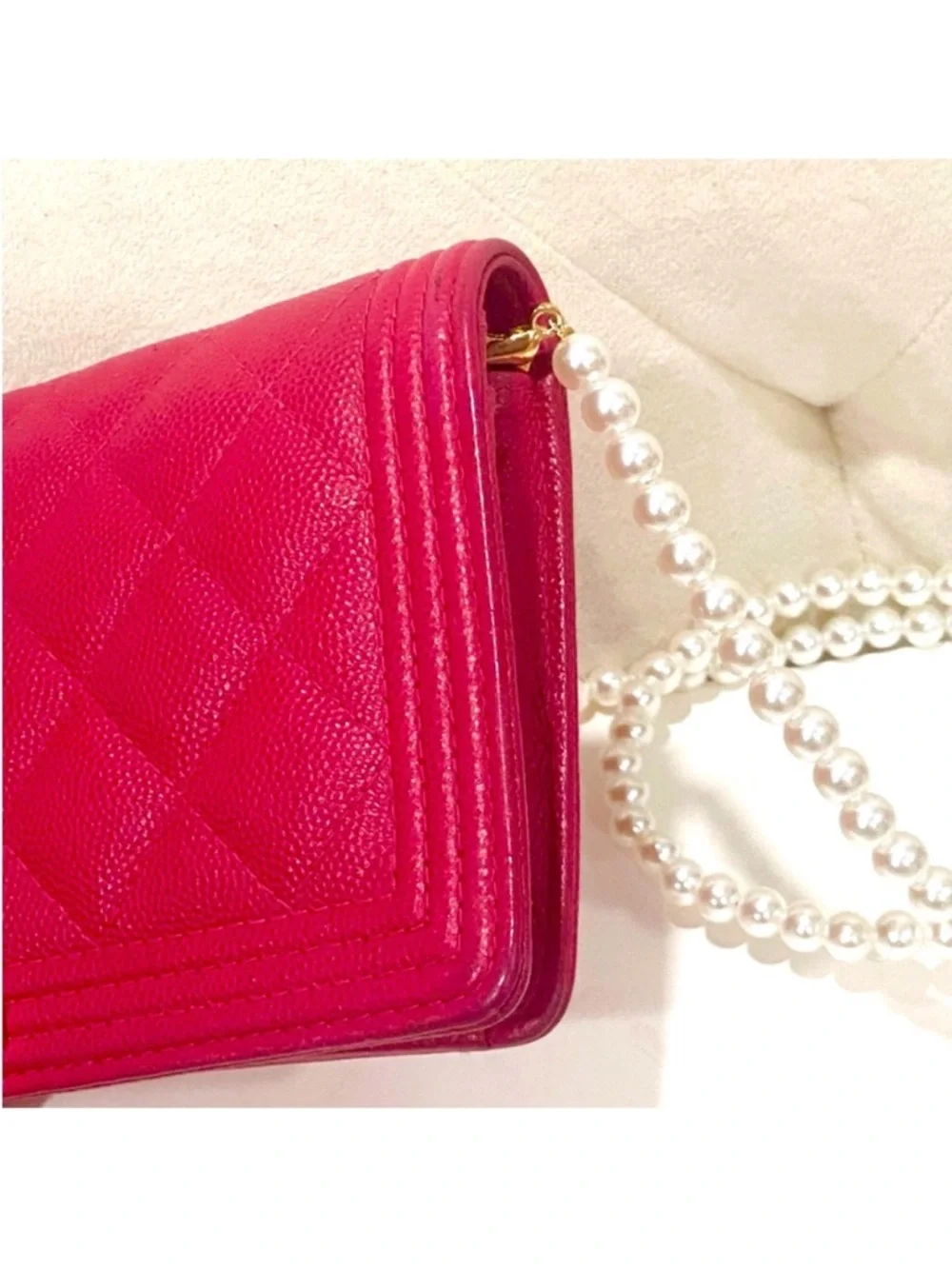 CHANEL Hot Pink Quilted Boy Flap with Pearl Chain and Gold Hardware